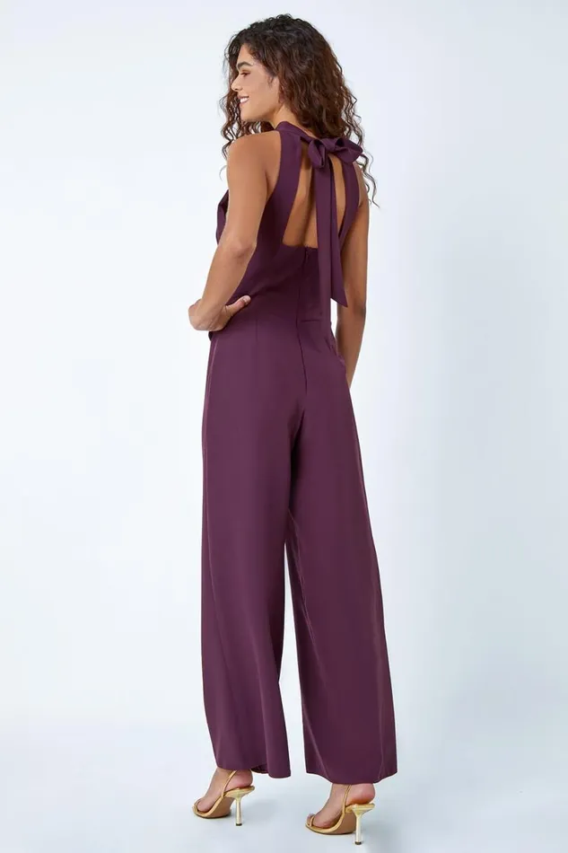 Wine Pleated Halter Neck Wide Leg Stretch Jumpsuit Women Roman Jumpsuits and Playsuits