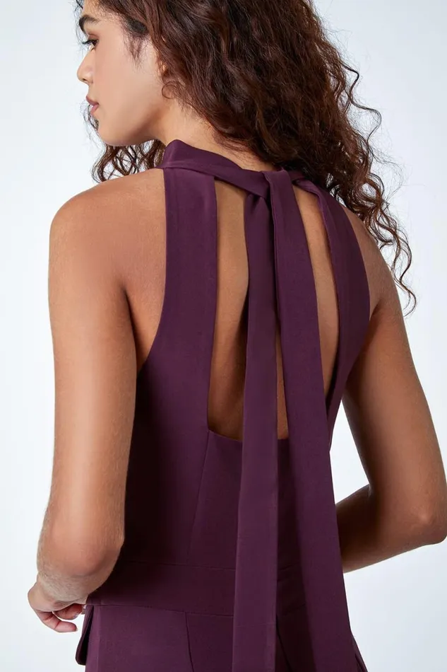 Wine Pleated Halter Neck Wide Leg Stretch Jumpsuit Women Roman Jumpsuits and Playsuits