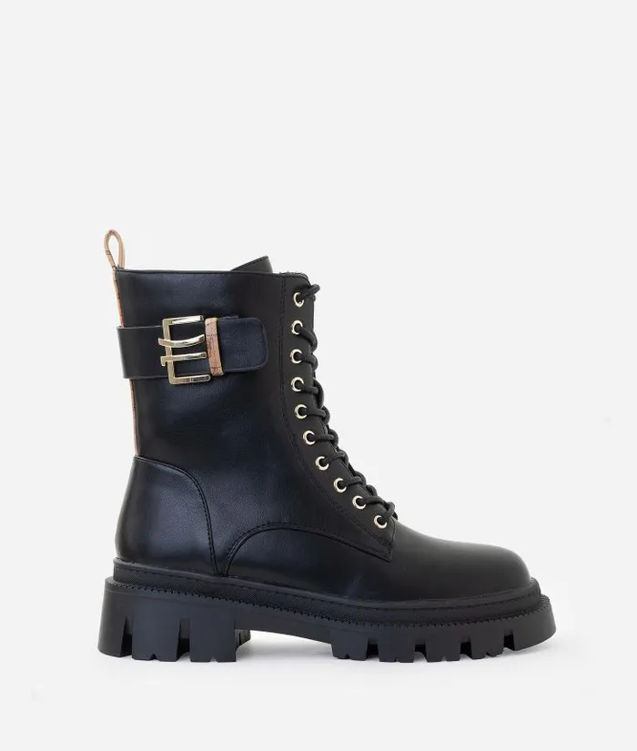 Woman Boots and Booties Alviero Martini Smooth Faux Napa Leather LaceUp Boots With 1c Detail Black