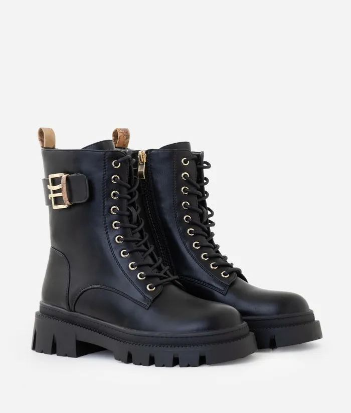 Woman Boots and Booties Alviero Martini Smooth Faux Napa Leather LaceUp Boots With 1c Detail Black