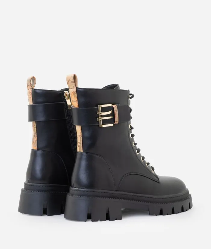 Woman Boots and Booties Alviero Martini Smooth Faux Napa Leather LaceUp Boots With 1c Detail Black