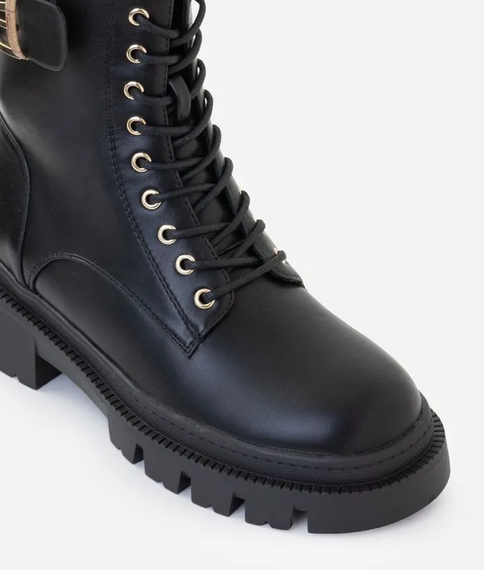 Woman Boots and Booties Alviero Martini Smooth Faux Napa Leather LaceUp Boots With 1c Detail Black