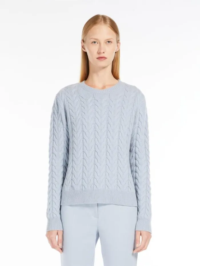 Woman Cable Knit Cashmere Jumper Light Blue Maxmara Knitwear And Sweatshirts