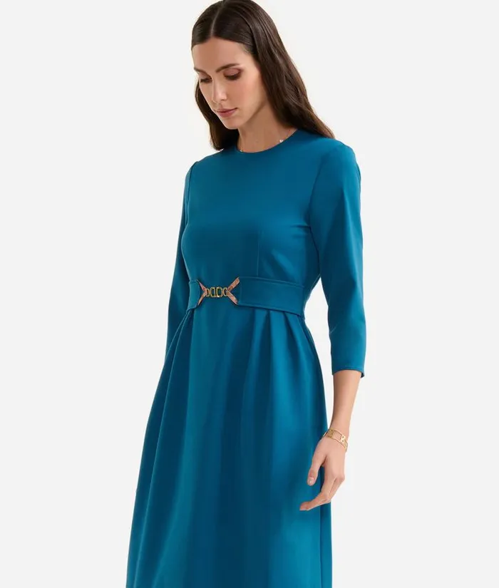 Woman Dresses Alviero Martini Stretch Fabric Dress With Jewel Belt Prussian Blue