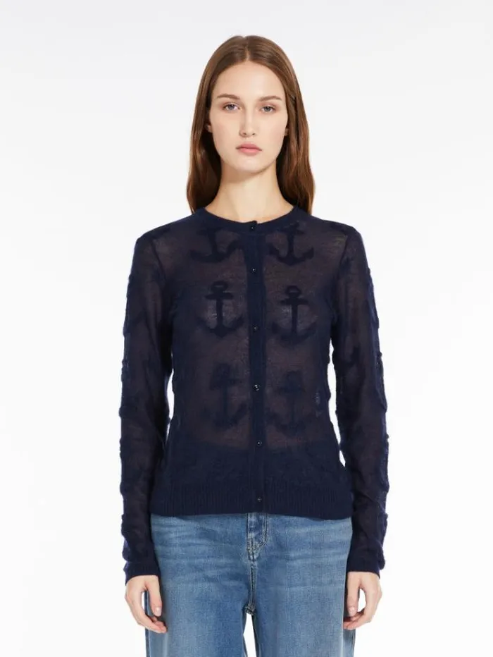 Woman Jacquard Mohair Gauze Cardigan Navy Maxmara Knitwear And Sweatshirts