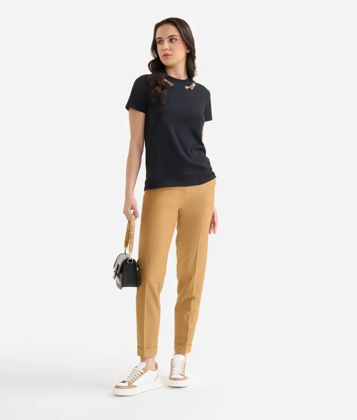 Woman Knitwears Shirts and Tops Alviero Martini Stretch Cotton Jersey TShirt With Heart Charm Black Woman Knitwears Shirts and Tops Alviero Martini Stretch Cotton Jersey TShirt With Heart Charm Black