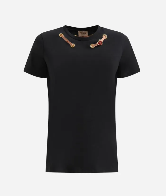 Woman Knitwears Shirts and Tops Alviero Martini Stretch Cotton Jersey TShirt With Heart Charm Black