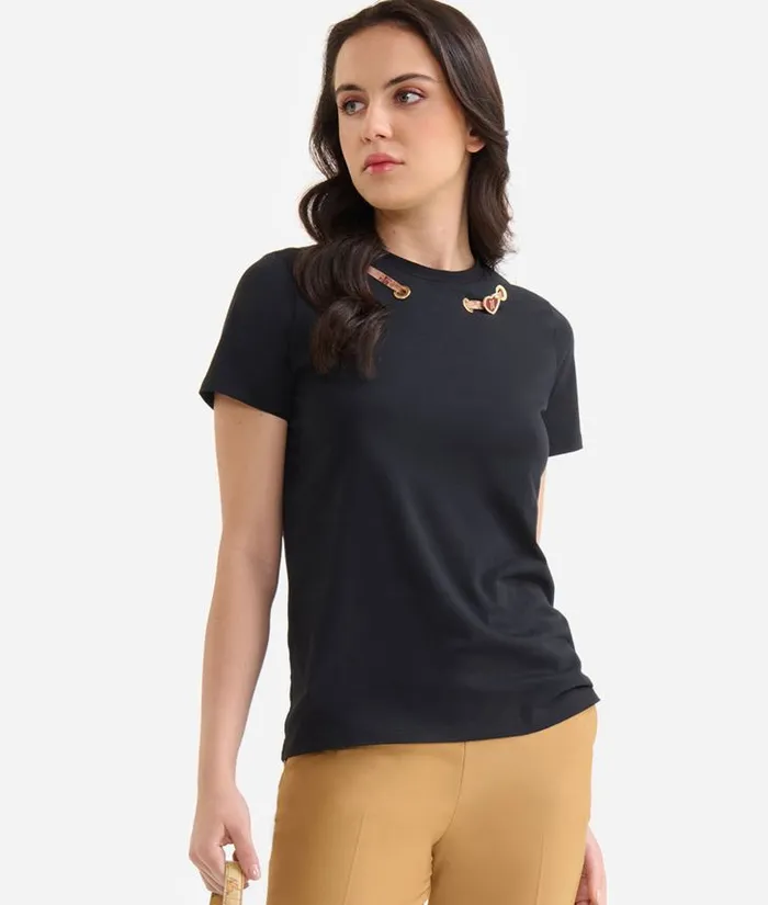 Woman Knitwears Shirts and Tops Alviero Martini Stretch Cotton Jersey TShirt With Heart Charm Black