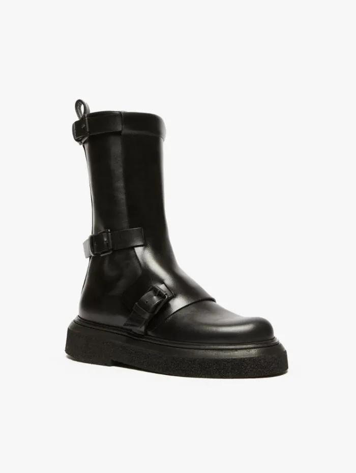Woman Leather Biker Boots With Straps Black Maxmara Ankle Boots And Boots