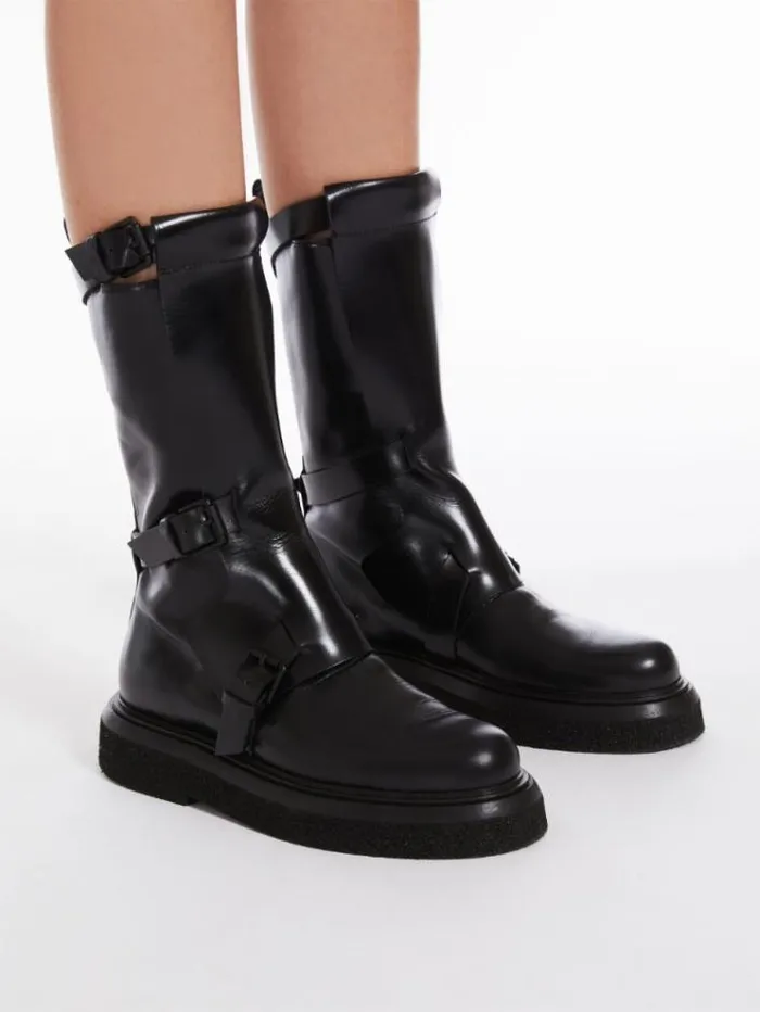Woman Leather Biker Boots With Straps Black Maxmara Ankle Boots And Boots Woman Leather Biker Boots With Straps Black Maxmara Ankle Boots And Boots