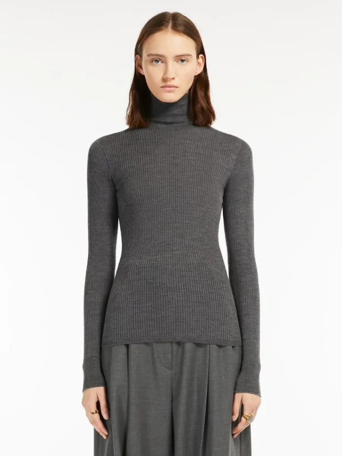Woman Pure Virgin Wool Mock Poloneck Sweater Light Grey Maxmara Knitwear And Sweatshirts