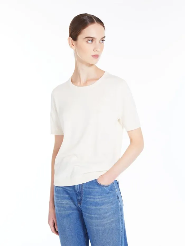 Woman Silk Blend Knit Tshirt Ivory Maxmara Knitwear And Sweatshirts