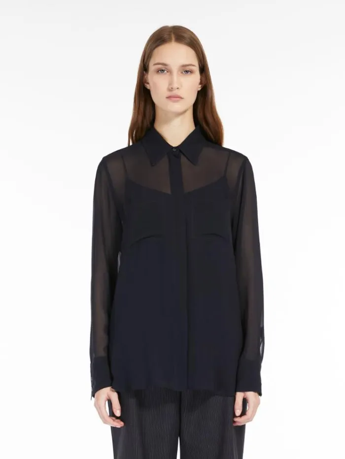 Woman Silk Georgette Shirt Navy Maxmara Shirts And Tops