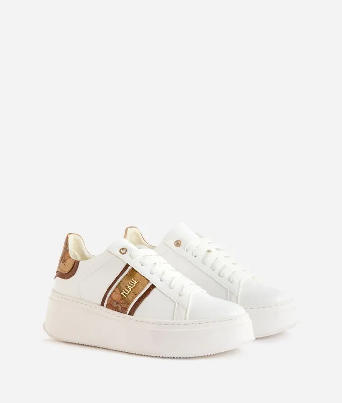 Woman Sneakers Alviero Martini Faux Napa Leather Wedge Sneakers With Lateral Band In Geo Classic White