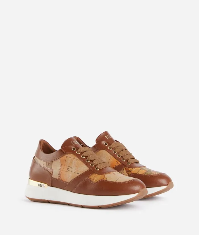 Woman Sneakers Alviero Martini Smooth Leather Running Shoes With Geo Classic Details Chestnut