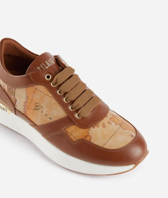 Woman Sneakers Alviero Martini Smooth Leather Running Shoes With Geo Classic Details Chestnut