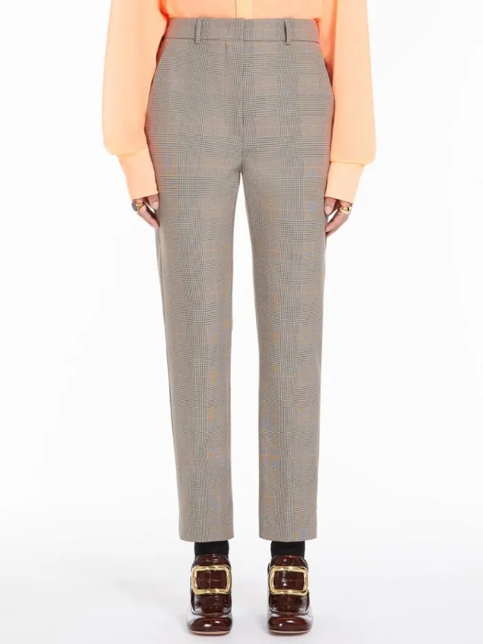 Woman Straight Trousers In A Plainweave Check Fabric Beige Golden Maxmara Trousers