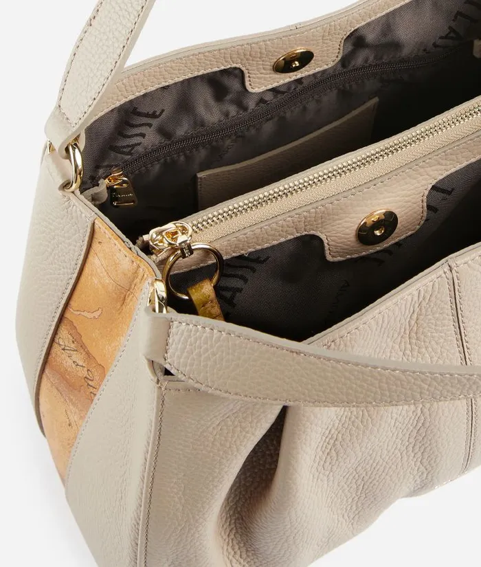 Woman Top Handle Bags Alviero Martini Universe Leather Bowler Bag With Crossbody Strap Light Taupe