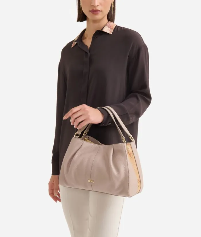 Woman Top Handle Bags Alviero Martini Universe Leather Bowler Bag With Crossbody Strap Light Taupe