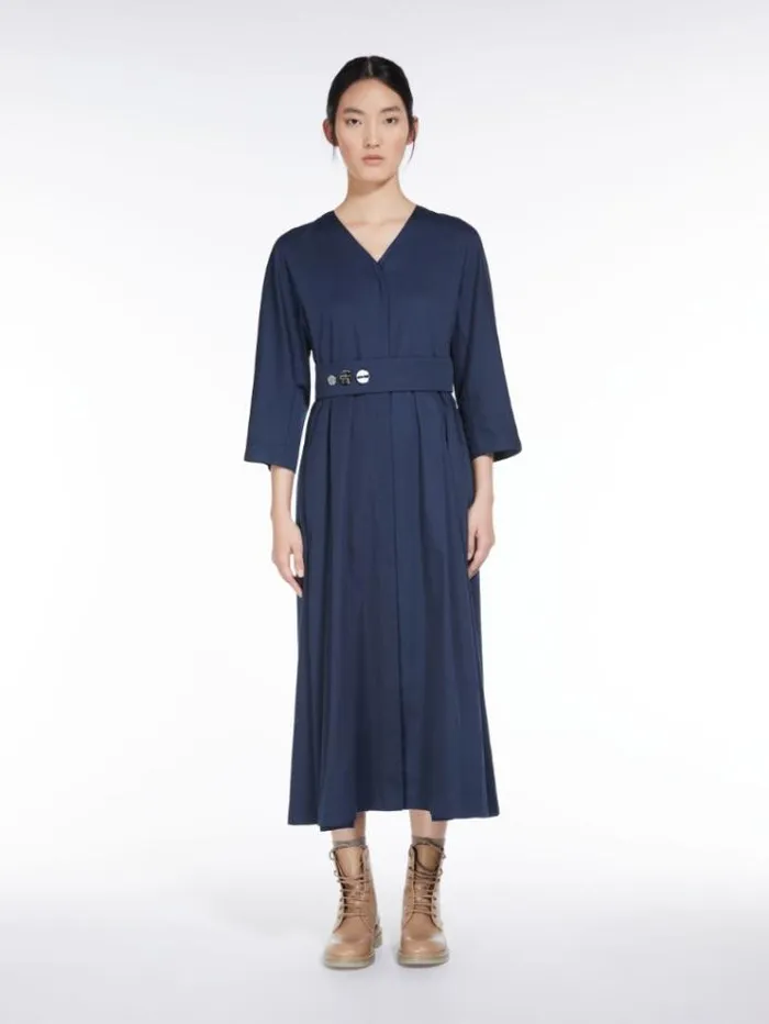 Woman Washed Cotton Satin Dress Navy Maxmara Dresses
