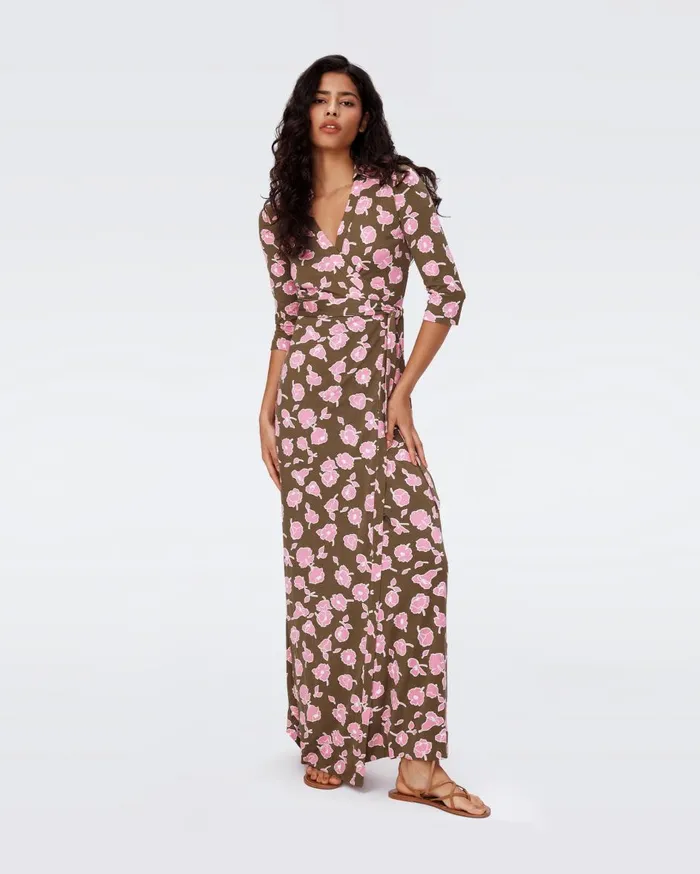 Women Abigail Silk Jersey Maxi Wrap Dress Huge Rose Showers Khaki DVF Dresses