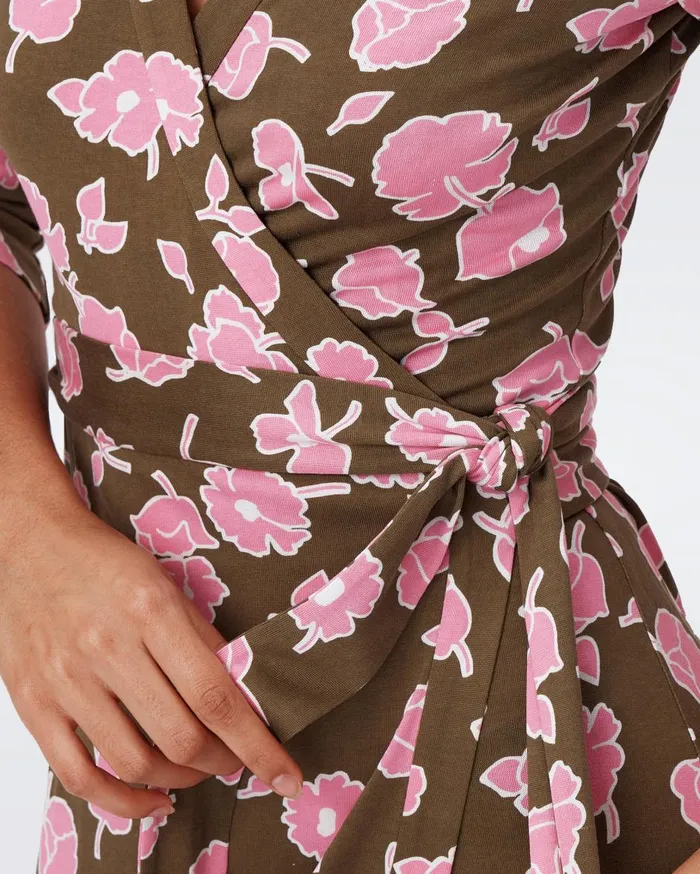 Women Abigail Silk Jersey Maxi Wrap Dress Huge Rose Showers Khaki DVF Dresses