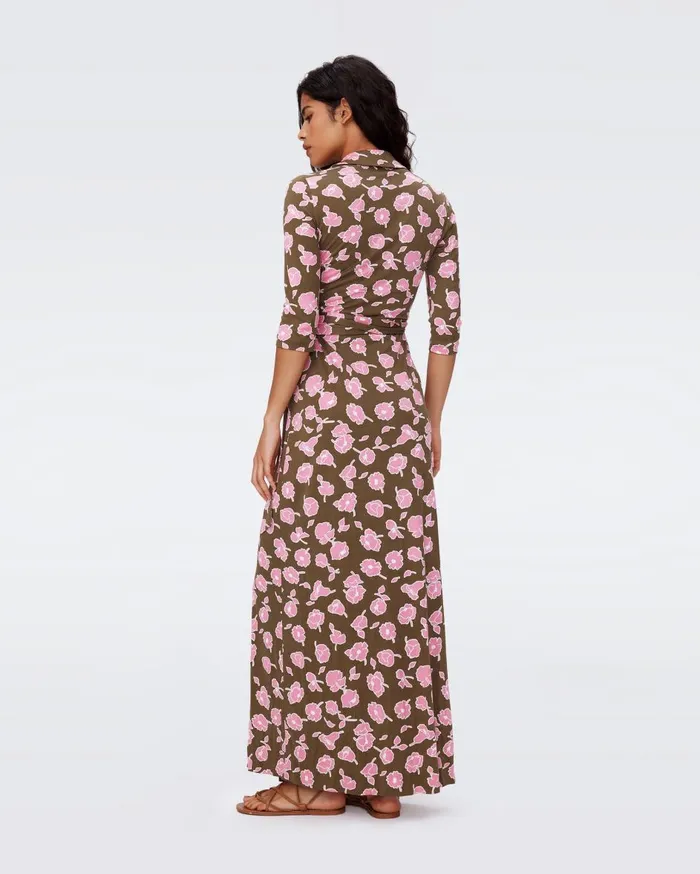 Women Abigail Silk Jersey Maxi Wrap Dress Huge Rose Showers Khaki DVF Dresses