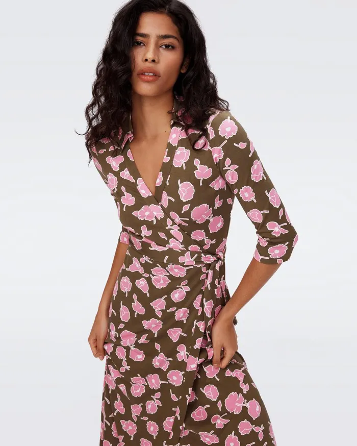 Women Abigail Silk Jersey Maxi Wrap Dress Huge Rose Showers Khaki DVF Dresses