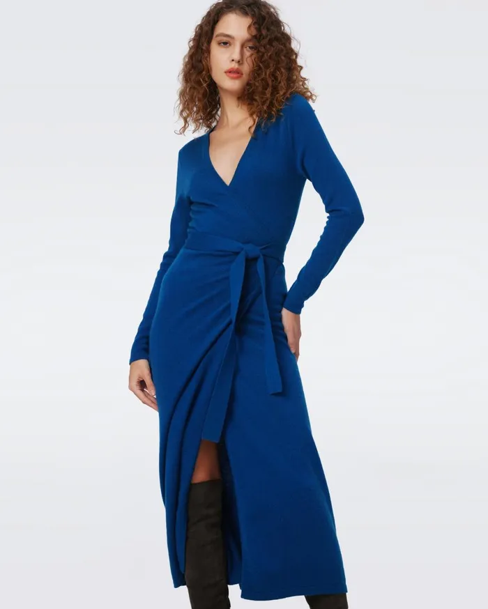 Women Astrid WoolCashmere Wrap Dress Dark Ocean DVF Dresses