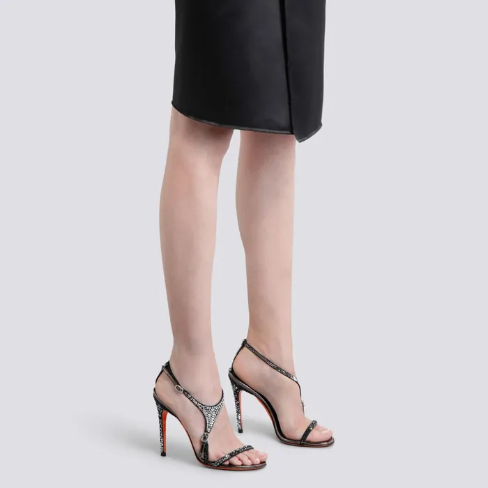Women Black And Silver Suede And Strass HighHeel Sandal Santoni Sandals