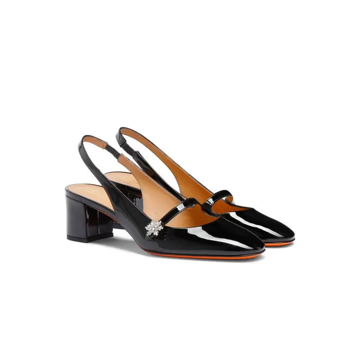 Women Black Patent Leather LowHeel Slingback Santoni Pumps and Heels