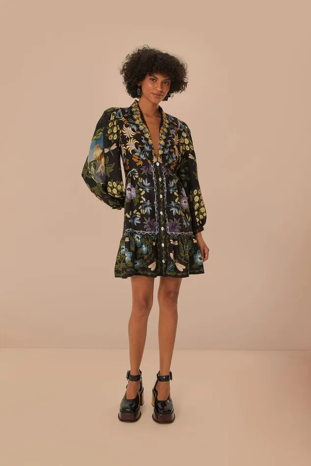 Women Black Winter Garden Mini Dress Long Sleeves Winter Garden Black FARM Rio Mini Dresses