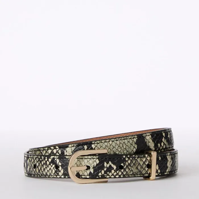 Women Brahmin Belts Skinny Leather Gold Buckle Belt Grey Classic Snake