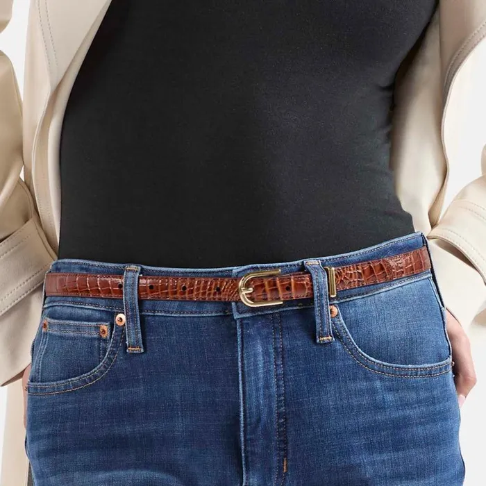 Women Brahmin Belts Skinny Leather Gold Buckle Belt Grey Classic Snake