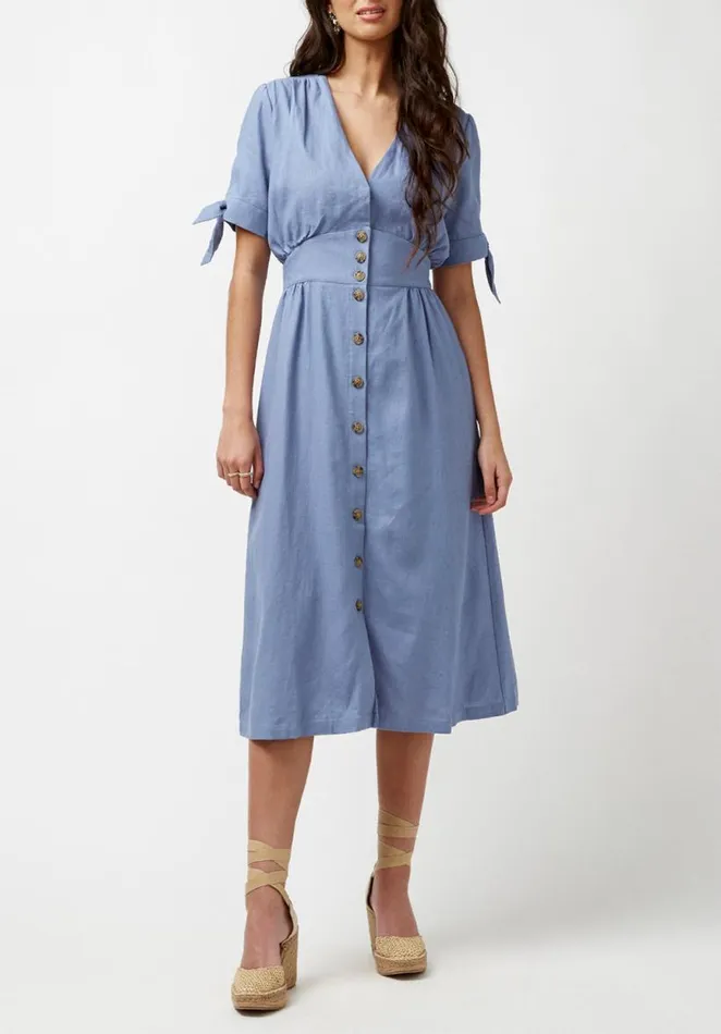 Women Buttoned Linen Blue Mariposa Dress Infinity Buffalo David Bitton Dresses and Jumpsuits Women Buttoned Linen Blue Mariposa Dress Infinity Buffalo David Bitton Dresses and Jumpsuits