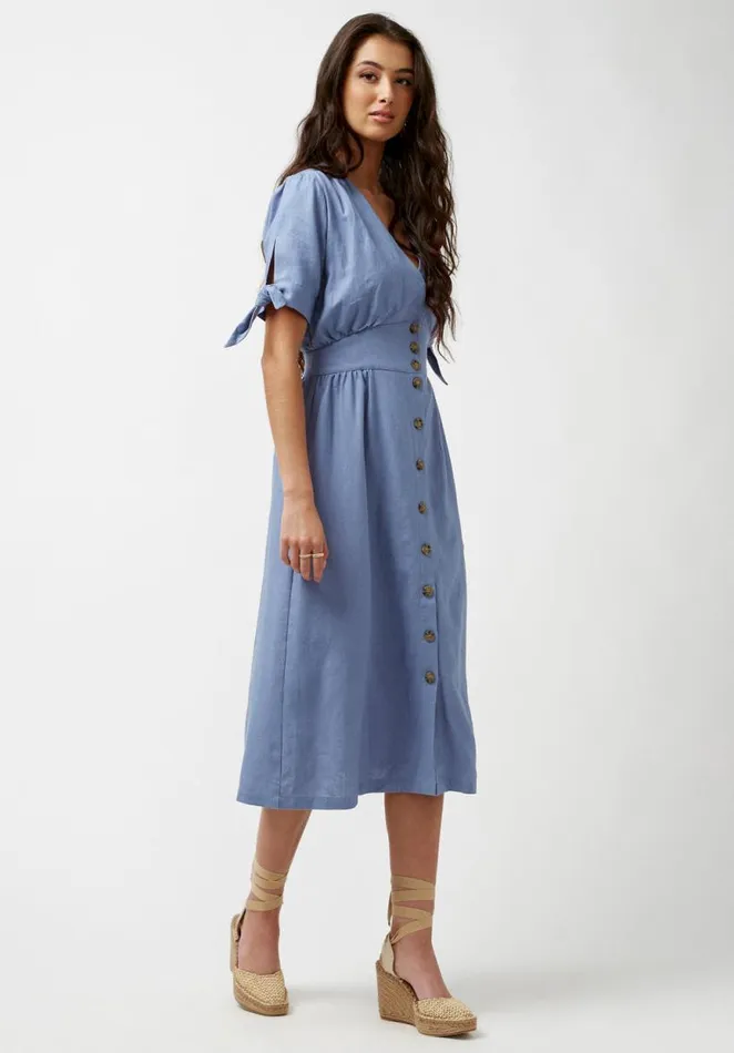 Women Buttoned Linen Blue Mariposa Dress Infinity Buffalo David Bitton Dresses and Jumpsuits