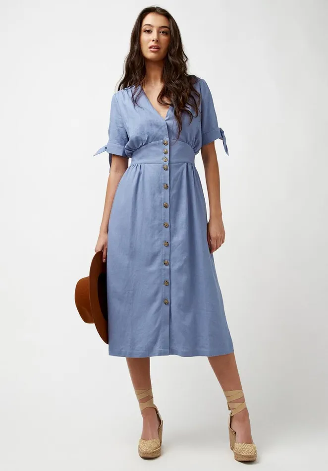 Women Buttoned Linen Blue Mariposa Dress Infinity Buffalo David Bitton Dresses and Jumpsuits