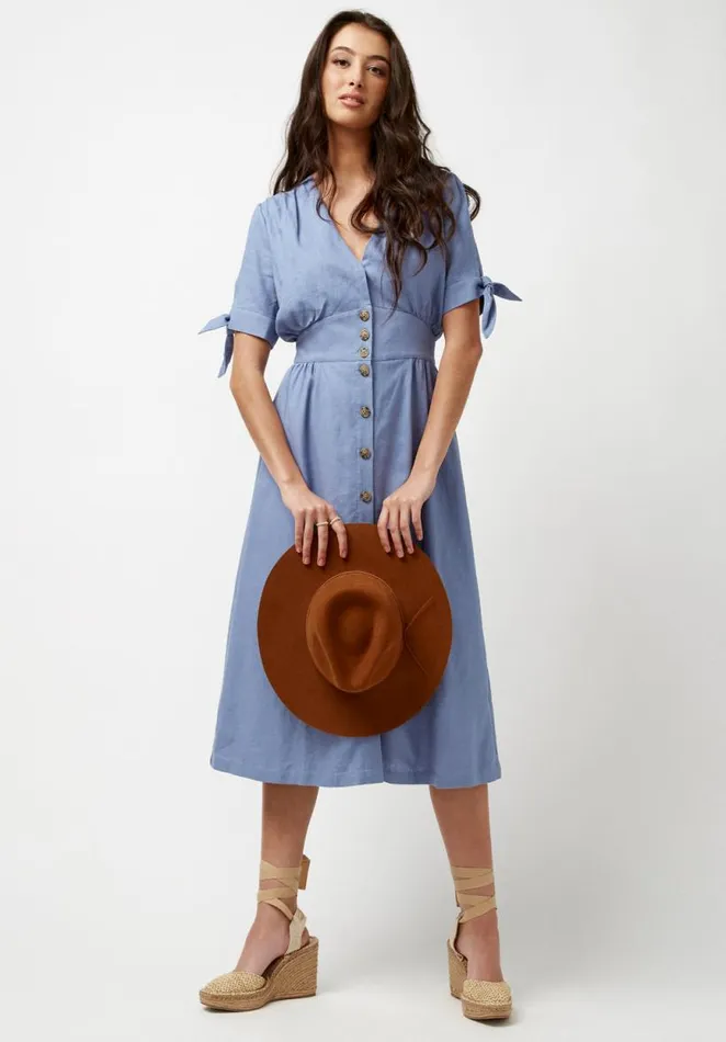 Women Buttoned Linen Blue Mariposa Dress Infinity Buffalo David Bitton Dresses and Jumpsuits