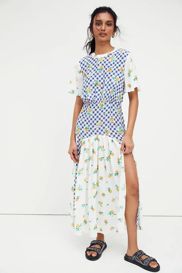 Women Casual Dresses Free People Jennifer Midi Dress Gingham Rose Navy Cream