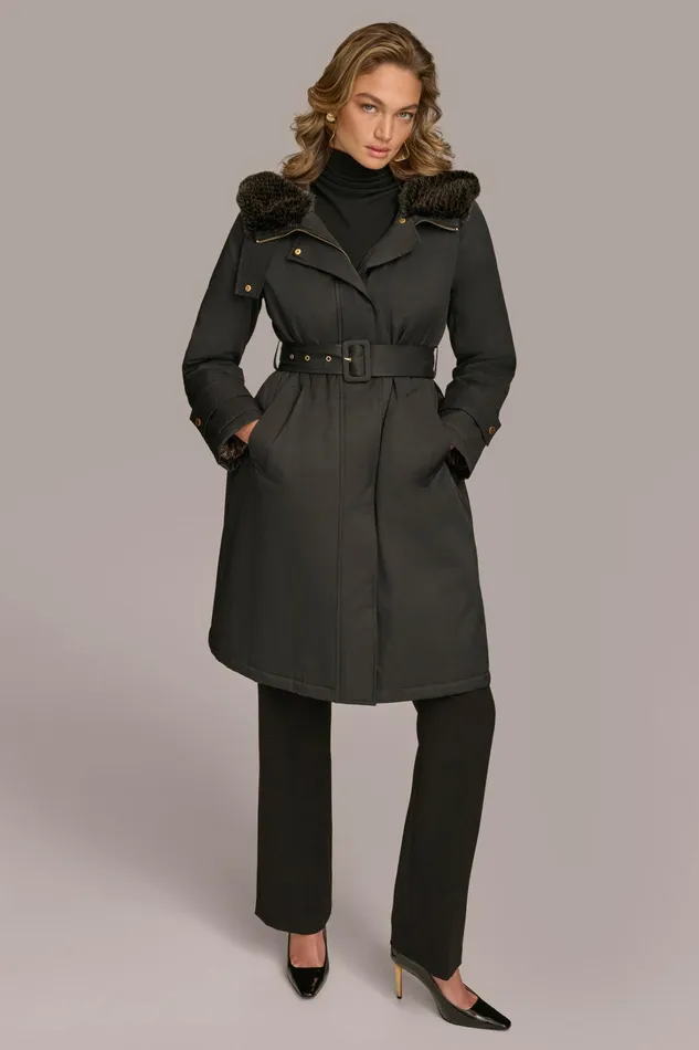 Women Coats And Jackets Donna Karan FAUX FUR TRIM LINED RAIN COAT Black