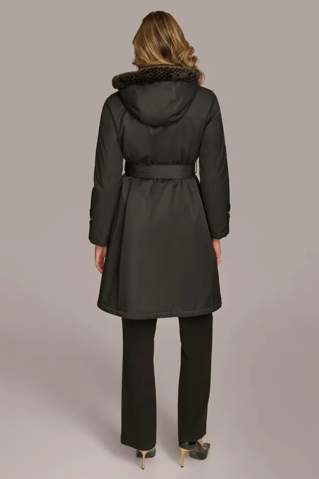 Women Coats And Jackets Donna Karan FAUX FUR TRIM LINED RAIN COAT Black