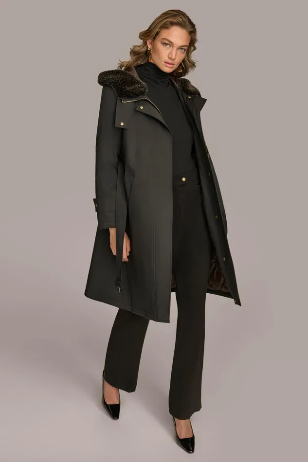 Women Coats And Jackets Donna Karan FAUX FUR TRIM LINED RAIN COAT Black
