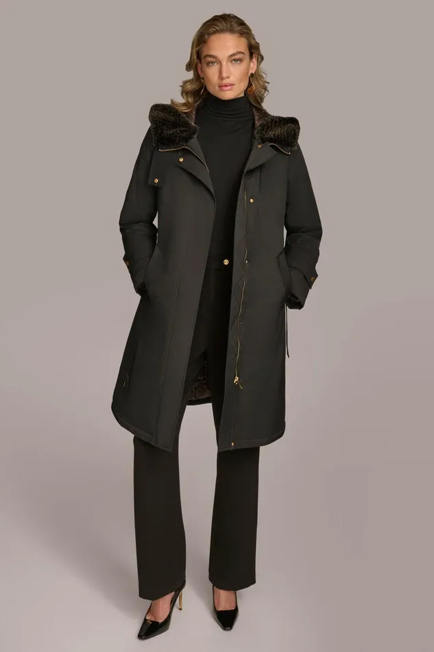 Women Coats And Jackets Donna Karan FAUX FUR TRIM LINED RAIN COAT Black