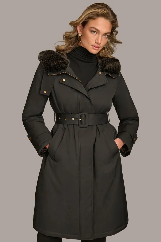 Women Coats And Jackets Donna Karan FAUX FUR TRIM LINED RAIN COAT Black