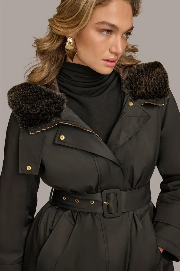 Women Coats And Jackets Donna Karan FAUX FUR TRIM LINED RAIN COAT Black