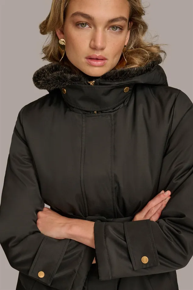 Women Coats And Jackets Donna Karan FAUX FUR TRIM LINED RAIN COAT Black