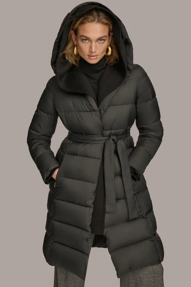Women Coats And Jackets Donna Karan TIE WAIST PUFFER Black