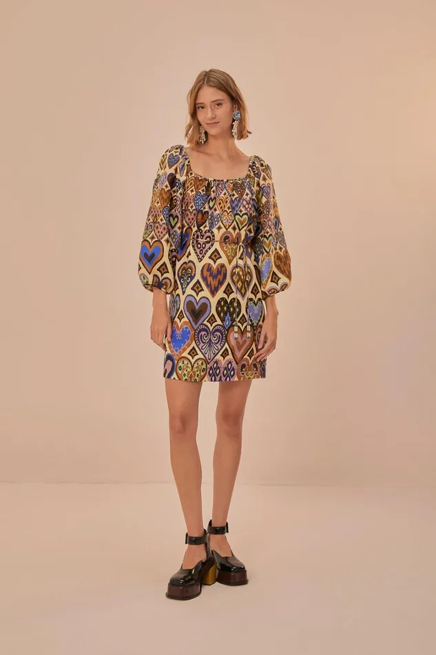 Women Cream Hearts Ikat Long Sleeve Mini Dress Hearts Ikat Cream FARM Rio Mini Dresses