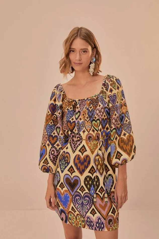 Women Cream Hearts Ikat Long Sleeve Mini Dress Hearts Ikat Cream FARM Rio Mini Dresses
