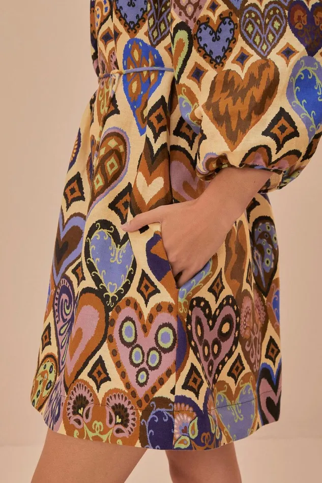 Women Cream Hearts Ikat Long Sleeve Mini Dress Hearts Ikat Cream FARM Rio Mini Dresses